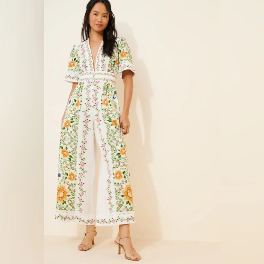 Farm Rio Anthropologie Folk Floral Linen Blend Short Sleeve Jumpsuit Medium - Picture 5 of 8